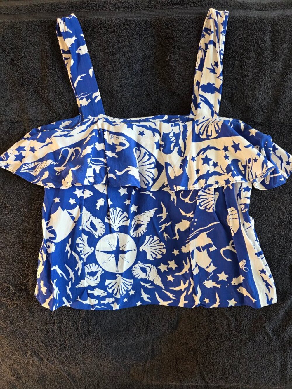 Top (Stockholm Atelier): Tank, blue & white stars & seashell, ruffle, Size 8